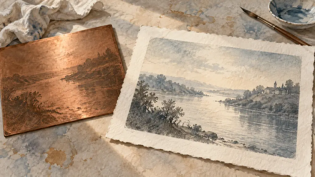 Editorial close-up photograph of a copper plate beside an aquatint landscape print, showing a misty river and delicate hand-applied wash, soft raking studio light, no text, no logo