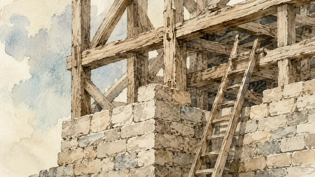 Editorial macro photograph of an antique woodcut showing a timber framework, a leaning ladder and clearly defined stone courses, soft museum lighting, no text, no logo