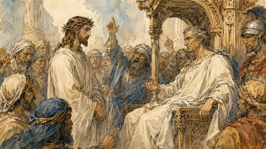 Editorial close-up photograph of an antique woodcut depicting Christ standing before a seated Pilate beneath an architectural canopy, with clustered witnesses and expressive raised hands, soft museum lighting, no text, no logo