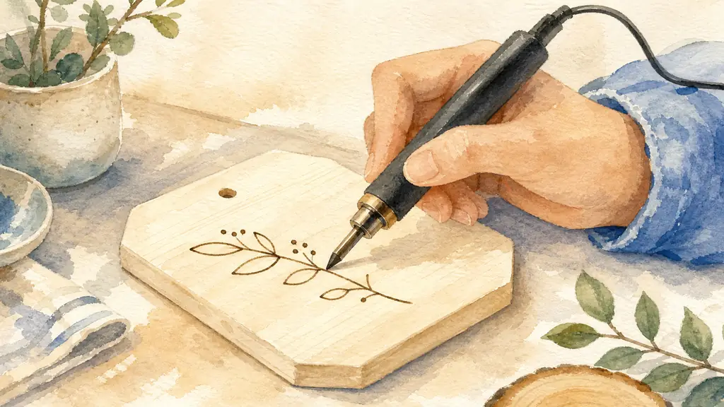 close-up editorial photograph of a beginner creating a simple woodburning pattern on a light wooden plaque, warm natural light, visible pyrography pen, clean workspace, no text, no logo
