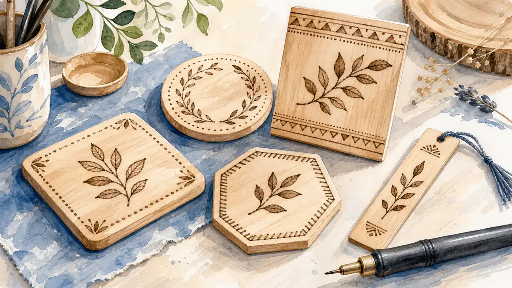 editorial close-up photograph of several beginner-friendly woodburning projects on a clean table, simple leaf motifs, short hand-lettered words, geometric borders and a small wooden bookmark, warm natural light, pyrography pen nearby, no text, no logo