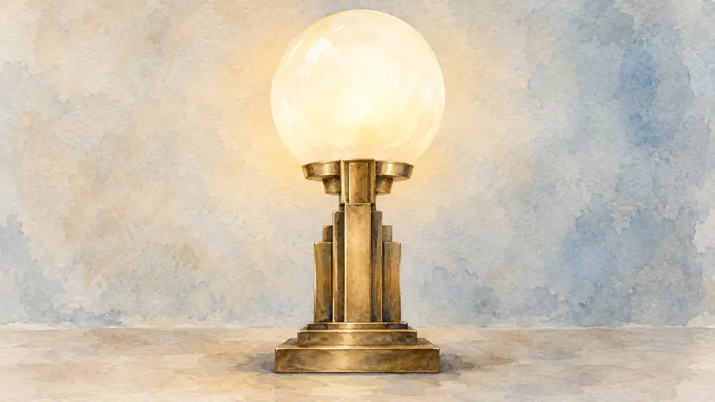 Editorial close-up photograph of an Art Deco lamp with a stepped brass base, symmetrical geometric structure and softly glowing opaline glass globe, no text, no logo