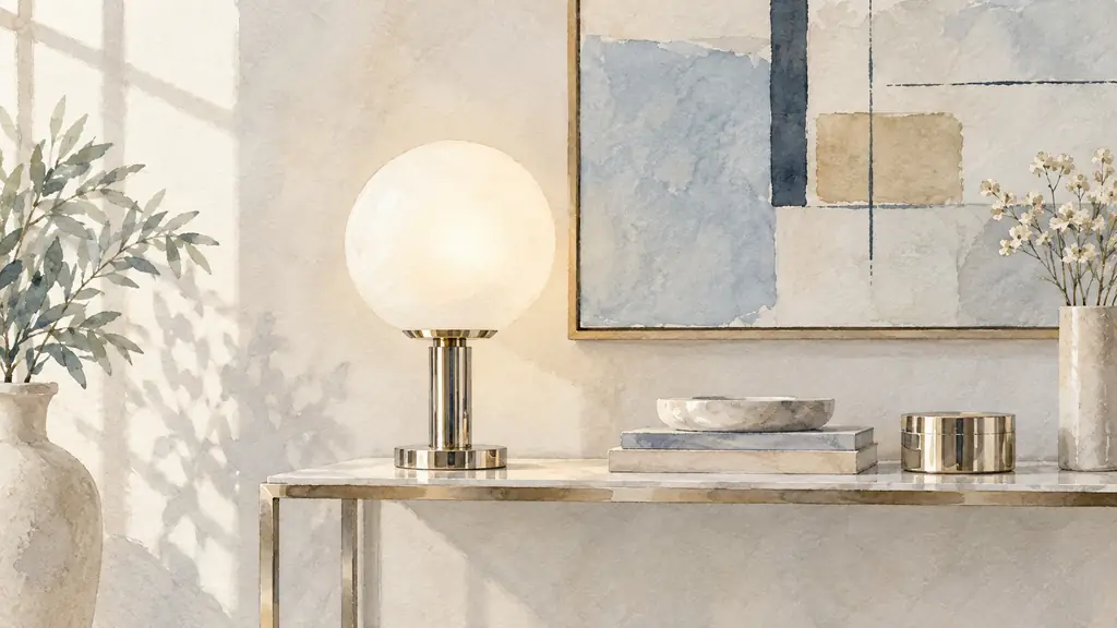 Editorial interior photograph of an opaline globe table lamp on a narrow console, polished metal reflecting soft light beside a geometrically composed painting, no text, no logo