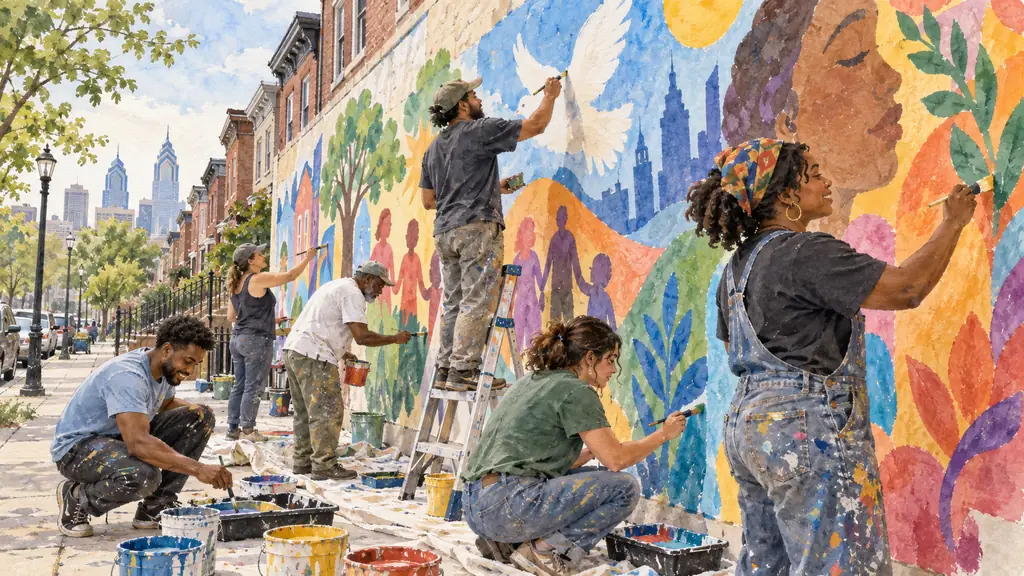 Community volunteers and a professional artist painting separate sections of a colorful mural during a paint day on Mount Vernon Street in Philadelphia, brushes and paint trays visible, no text or logos