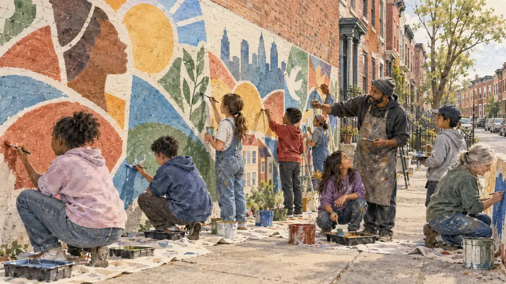 Volunteers painting separate outlined sections of a neighborhood mural during a Philadelphia paint day, with a professional artist guiding young participants, no text or logos