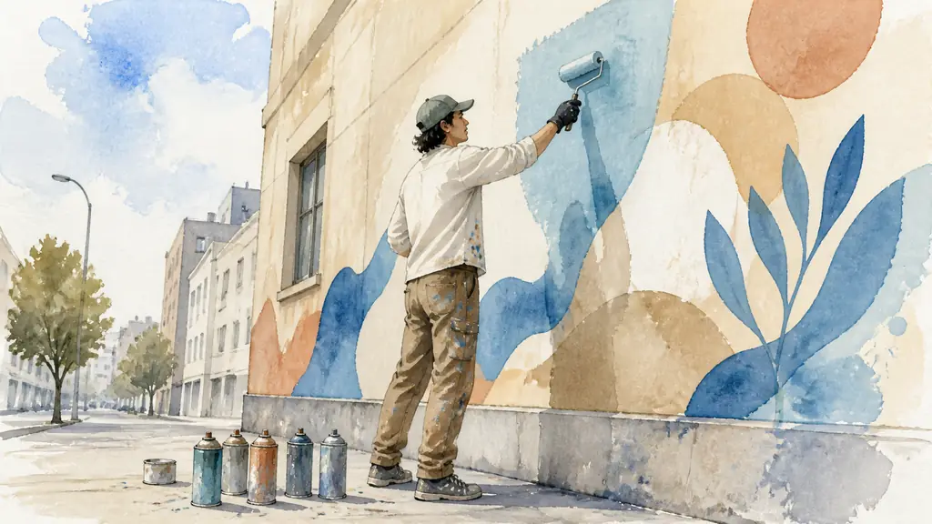 Editorial photograph of a muralist applying acrylic paint with a roller to a large urban facade, aerosol cans on the pavement, no text, no logo