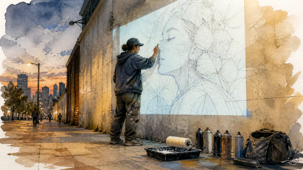 Editorial photograph of a muralist tracing a projected sketch on an urban facade, with an acrylic paint roller and aerosol cans nearby, no text, no logo