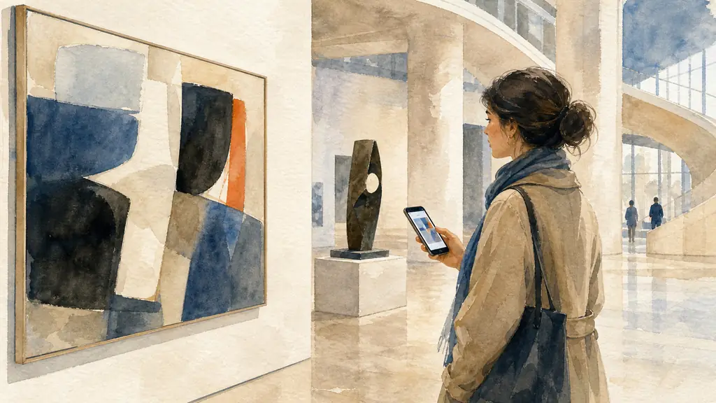 Editorial photograph inside the Musée d’Art Moderne de Paris, a visitor studying a modern painting beside a sculpture while consulting the museum collections app on a smartphone, soft gallery light, no visible text or logos