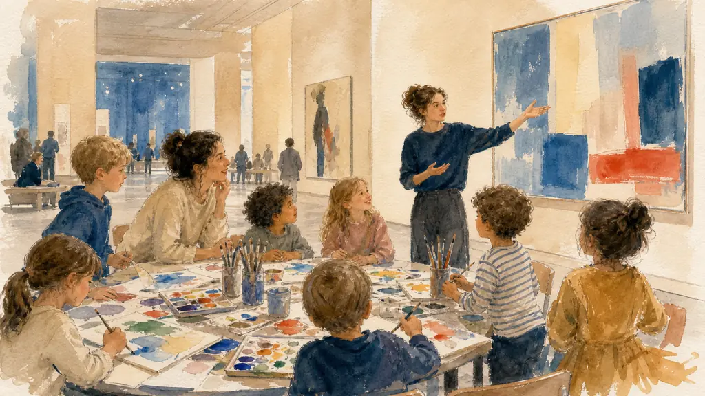 Editorial photograph of a family art workshop at the Musée d’Art Moderne de Paris, children experimenting with paint while a museum educator presents an artwork, calm Thursday evening gallery atmosphere, no visible text or logos