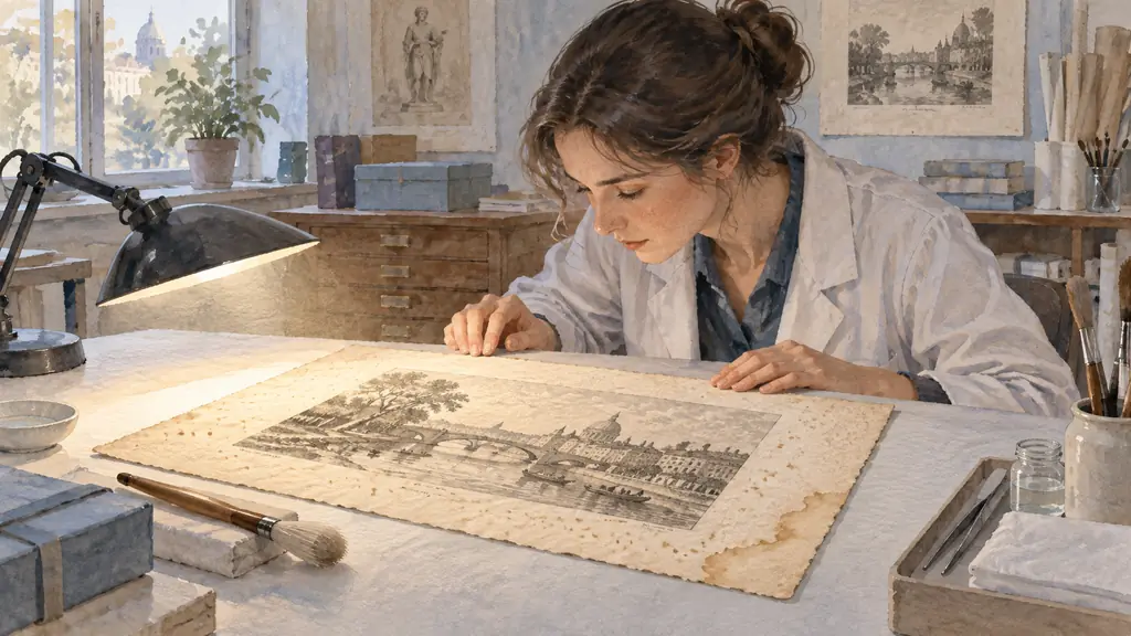 Conservator examining an antique etching under raking light, with visible foxing spots, a small water tide mark, and a soft brush resting beside the paper, editorial photography, no text, no logo