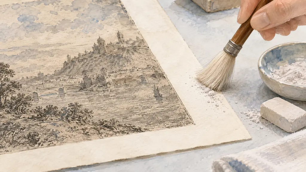 Close-up editorial photograph of an antique etching lying flat on a clean table, a soft natural-hair brush moving dust toward the edge, with a small amount of powdered eraser confined to the blank margin, no text, no logo