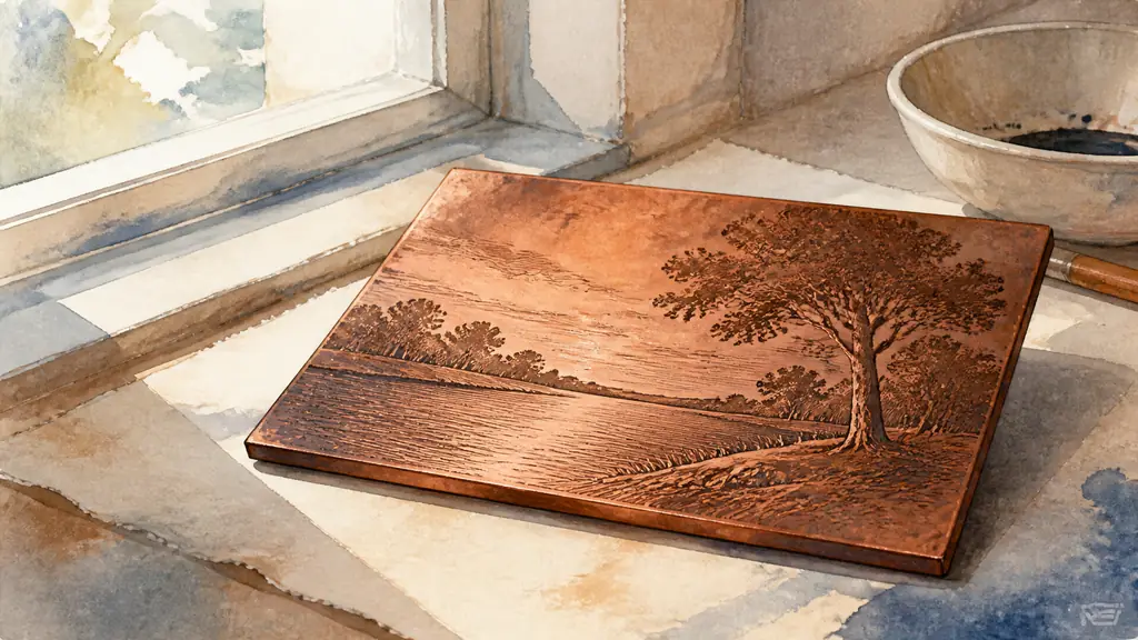 Close-up editorial photograph of an engraved copper plate beside a window in soft natural light, viewed at an oblique angle to reveal burin lines and subtle ink traces, no text or logo
