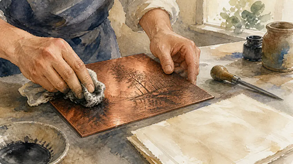 Editorial close-up photograph of a printmaker wiping ink from an etched copper plate beside a steel burin and a sheet of damp paper, soft workshop light, no text or logo