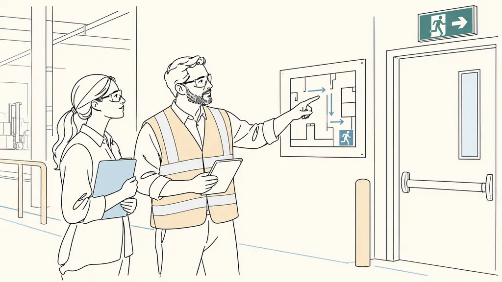 New employee wearing safety glasses during a site walkthrough, guided by a safety officer pointing to a circulation plan beside an emergency exit