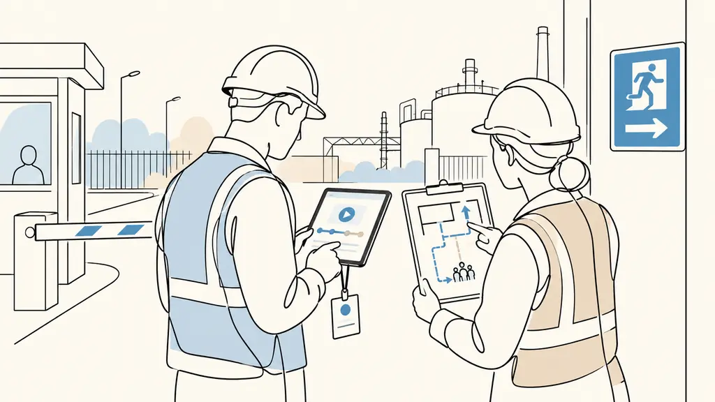 External contractor completing a safety e-learning module on a tablet before entering an industrial site, with an access badge and a supervisor checking updated evacuation procedures