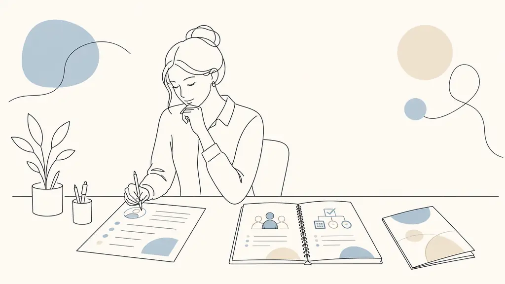 Editorial photograph of an administrative assistant reviewing a career skills worksheet at a desk, with a notebook listing human resources and project management options beside a training brochure, no text or logo