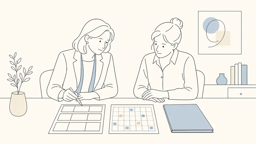 Editorial photograph of a career consultant and an administrative employee reviewing a three-phase assessment table, an action-plan calendar and a closed confidential synthesis folder on a desk, no text or logo