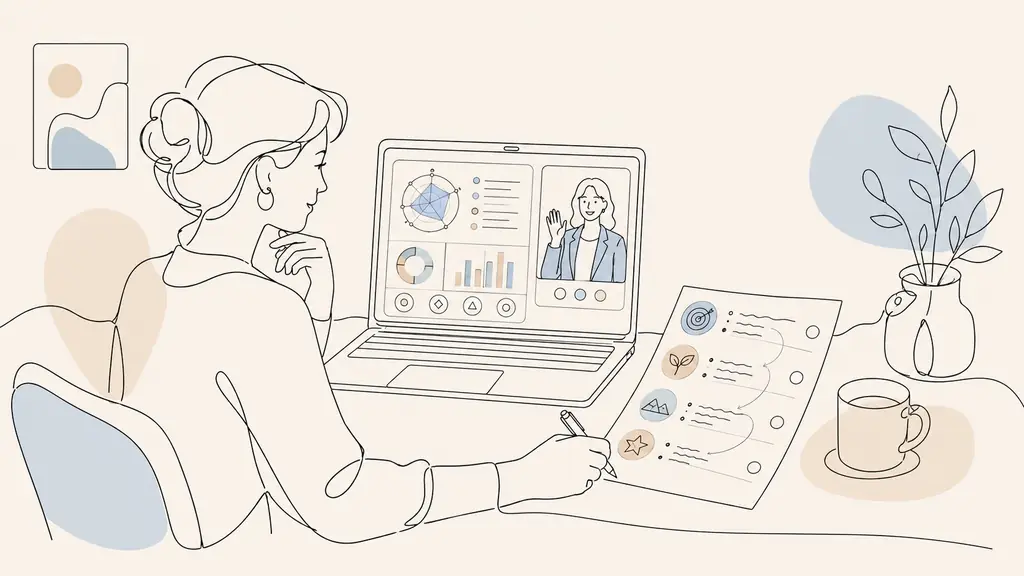 A professional woman at a home desk comparing an automated personality test report on her laptop with a handwritten action plan, during a one-to-one video consultation, realistic editorial photography, no text, no logo