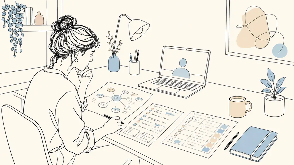 A woman in a video consultation reviewing a skills map, handwritten career research notes and a structured action plan on her home desk, realistic editorial photography, no text, no logo