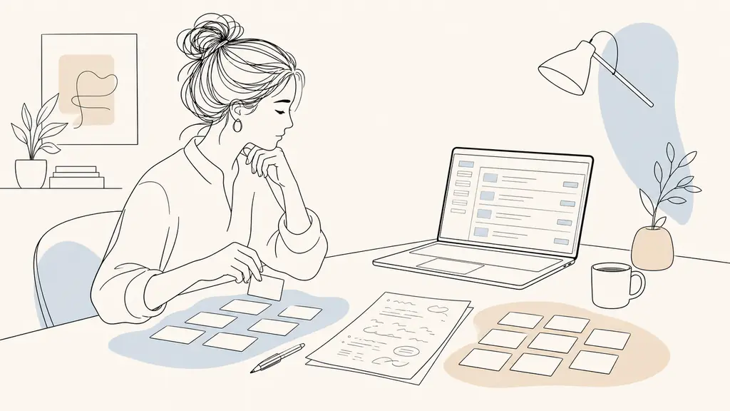 A job seeker at a desk sorting printed career experience cards into hard skills and transferable soft skills, beside a handwritten action plan and an open laptop showing a training course list, natural editorial photography, no text or logos