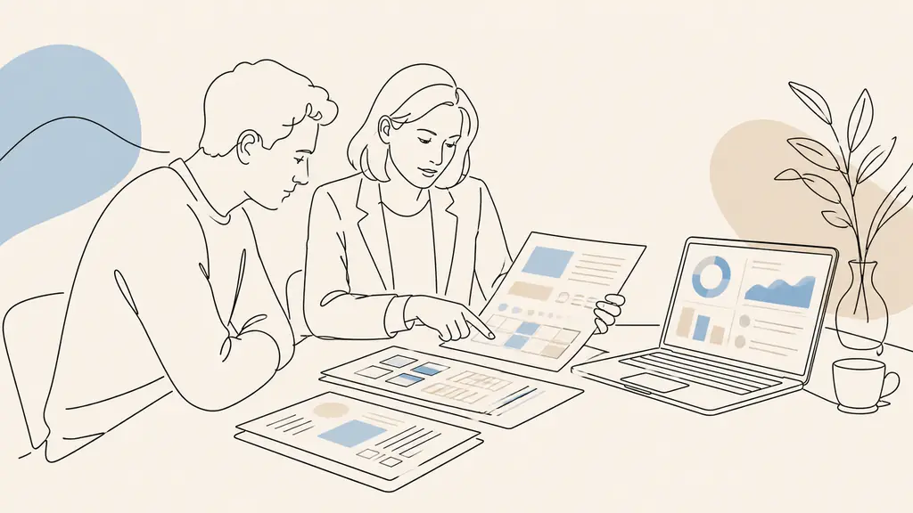 A job seeker and an employment adviser reviewing a printed detailed assessment program and quotation beside an open laptop displaying a CPF account dashboard, natural editorial photography, no readable text or logos