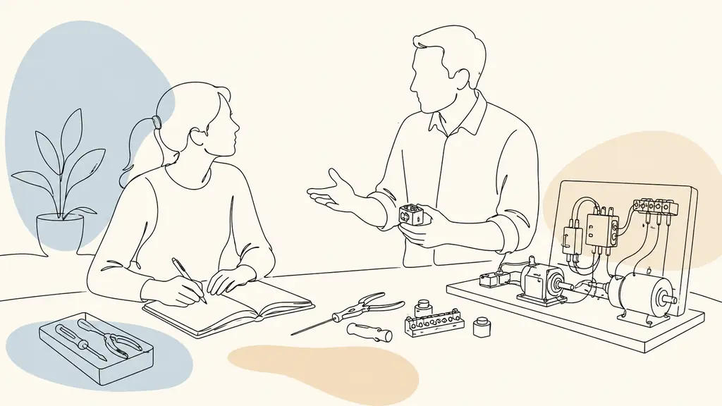 adult learner observing a practical classroom workshop, taking notes beside training equipment while speaking with an instructor