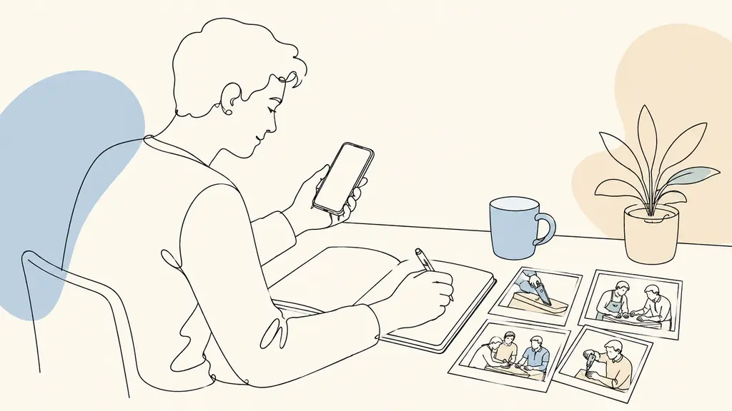 adult learner checking training event updates on a smartphone, writing dates in a notebook beside photographs of a practical workshop, no visible text or logo