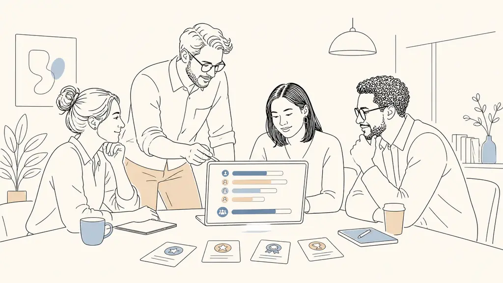 Sales manager and three colleagues reviewing color-coded individual progress bars and a shared team goal on a laptop, with small achievement badge cards on the table, candid office photography, no visible text or logos