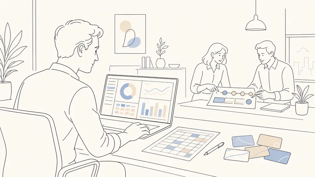 Sales manager checking a CRM dashboard beside a printed scoring grid and several unbranded gift cards, while two colleagues review progress markers, candid editorial office photography, no visible text or logos