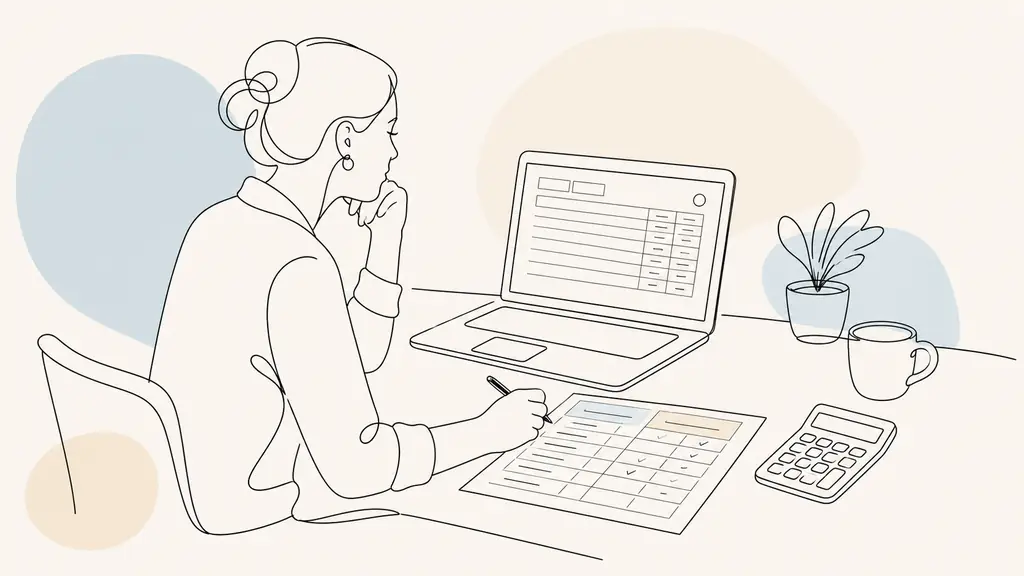 Office worker reviewing a personal training account statement on a laptop beside a handwritten table comparing 500-euro and 800-euro annual credits, calculator on the desk, no visible text or logo