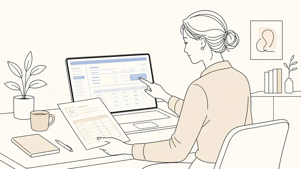 Office employee checking a detailed training rights history on a laptop, pointing at a reserved amount while comparing it with a printed employment record, no visible text or logo