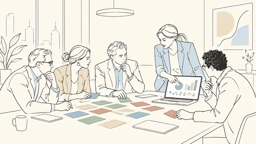 Executive board members sorting color-coded business portfolio cards on a conference table while a business unit manager points to a KPI dashboard on a laptop, modern corporate office, no visible text or logos