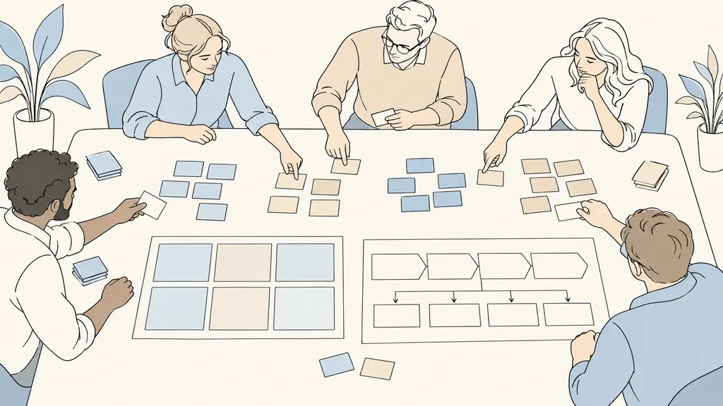 Strategy team grouping activity cards into distinct business units beside a PESTEL worksheet and a value chain diagram on a meeting table, no visible text or logos