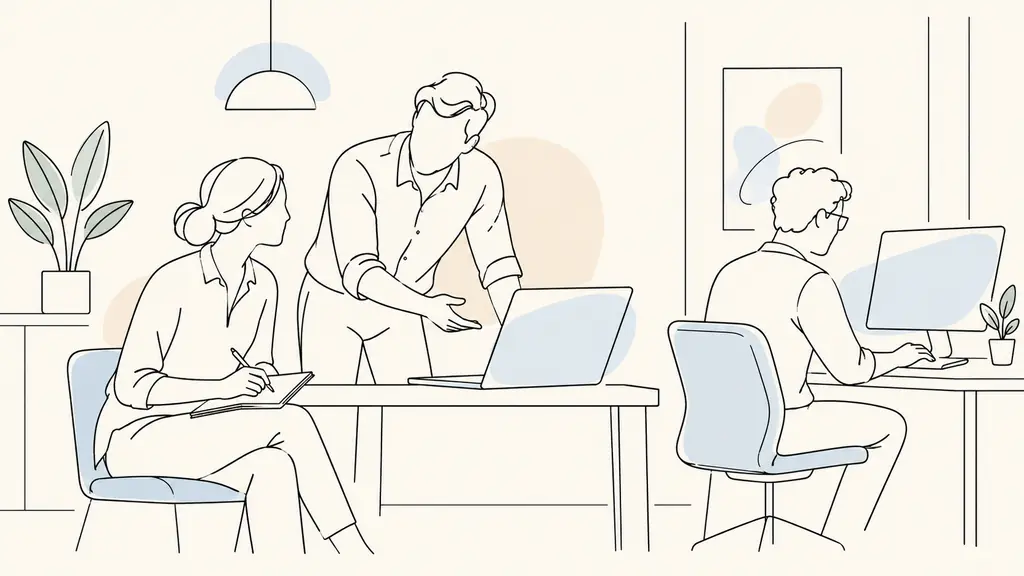 Editorial photograph of a manager demonstrating new software on a laptop while one employee takes notes and another tests a feature at a nearby workstation, natural office lighting, no text, no logo
