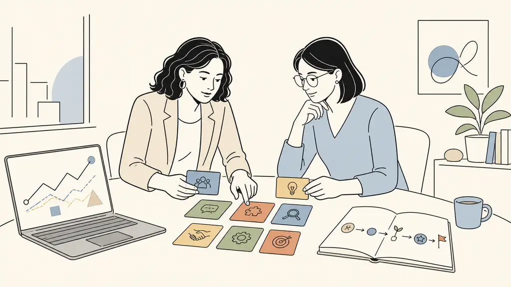 Editorial photograph of a mid-career woman and a career counselor sorting color-coded transferable-skills cards beside a laptop displaying an unlabeled labor-market graph and a notebook with a visual action timeline, natural office setting, no text, no logo