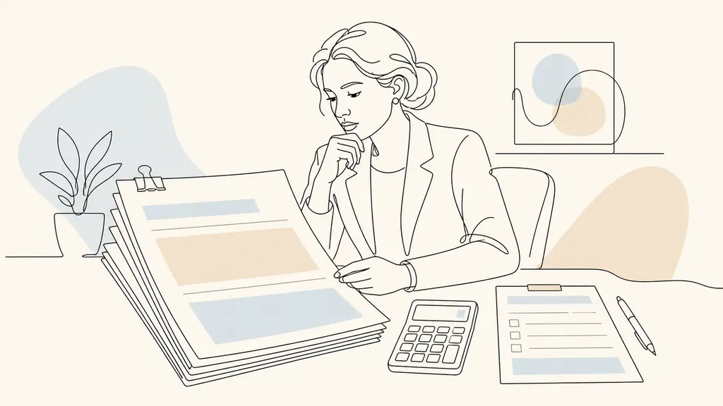 Editorial photograph of a woman reviewing a 2,000-euro training quote beside a calculator showing a 400-euro balance and an employer funding form, natural office setting, no text, no logo