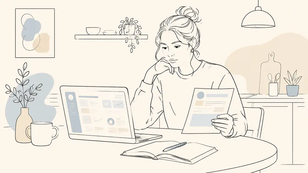 woman at a kitchen table comparing a laptop with a blurred training account dashboard and a printed course enrollment confirmation, open notebook and pen nearby, editorial photography, no readable text, no logo