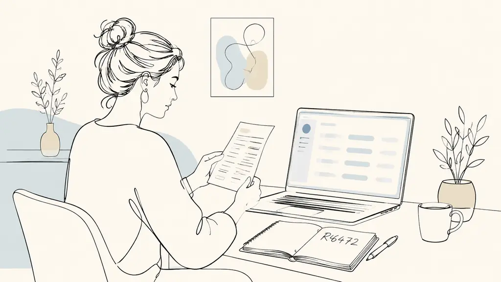 woman at a home desk checking an administrative receipt beside a laptop displaying a blurred account history, handwritten case reference R46472 in an open notebook, editorial photography, no readable interface text, no logo