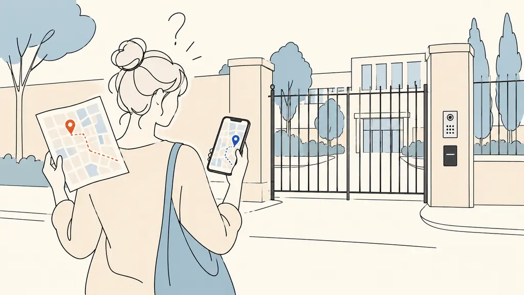 Editorial photograph of a visitor holding a printed appointment notice and a smartphone with two different map pins near a secured entrance on avenue Prieur de la Côte d’Or in Arcueil, no visible text or logos