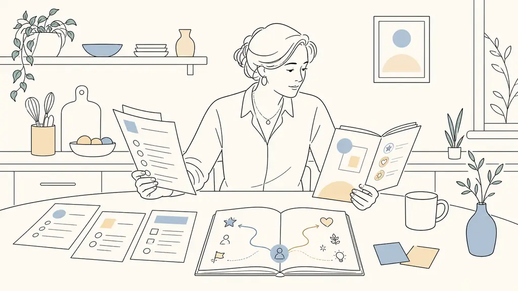 Editorial photograph of a mid-career woman at a kitchen table comparing job listings and a VAE information booklet, with a notebook showing two career paths, no visible text or logo