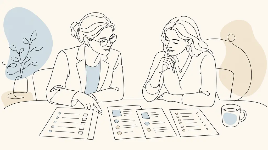 Editorial photograph of a career consultant and a mid-career woman reviewing a skills inventory, job listings and a handwritten action plan during a private meeting, no visible text or logo