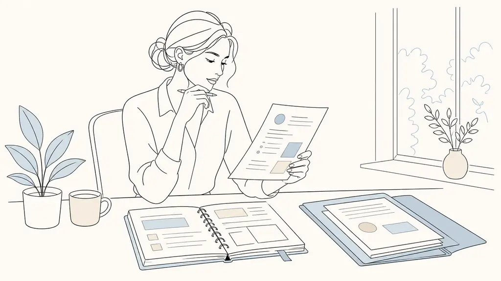 Editorial photograph of a female office employee reviewing her CV beside an open appointment planner and a folder of completed work examples at a desk, natural daylight, no visible text or logos