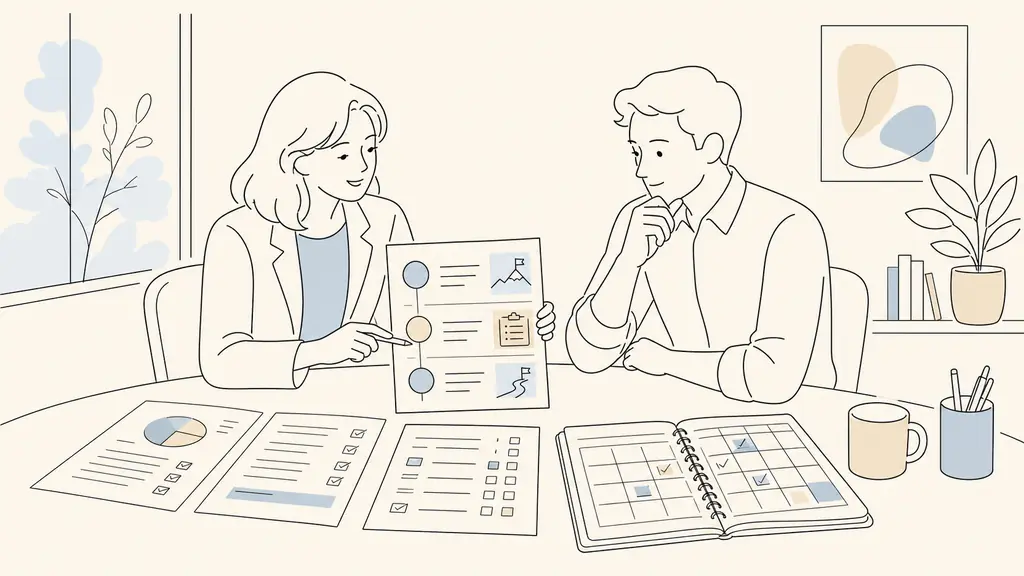 Editorial photograph of a career counselor and an office employee reviewing a three-step planning sheet, completed questionnaires and a personal action calendar on a meeting table, natural daylight, no visible text or logos