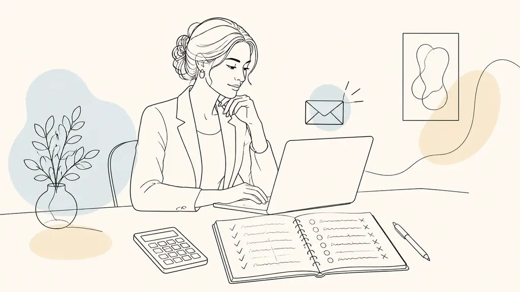 Editorial photograph of a woman checking a sent email on a laptop beside a calculator and a notebook containing a handwritten training comparison checklist, no visible text or logos
