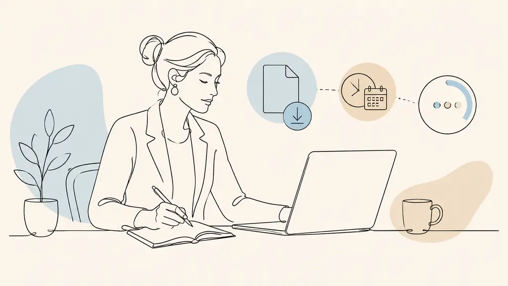 Editorial photograph of a woman saving an administrative confirmation PDF on a laptop while noting the submission date and pending employer approval in a paper notebook, no visible text or logos