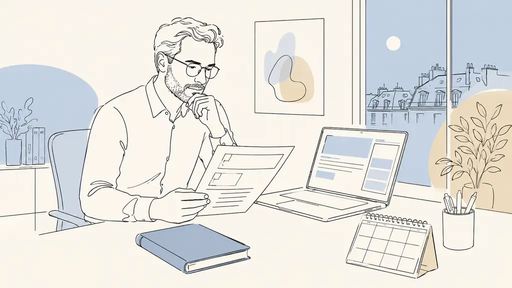 A 38-year-old office employee reviewing a skills assessment beside a laptop displaying an online course, with a CPF planning notebook and evening calendar on the desk, realistic editorial photography, no text, no logo