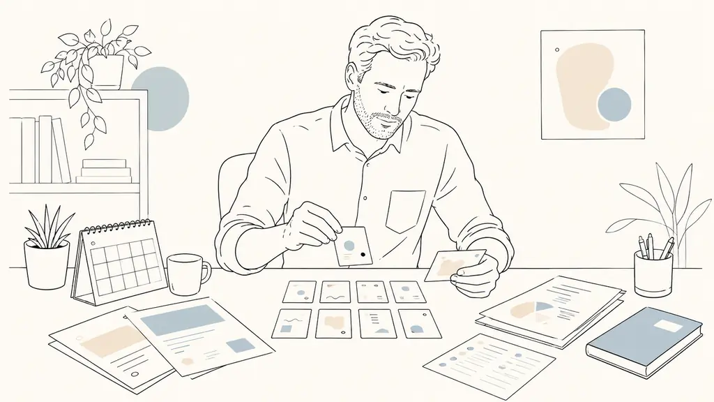 A 38-year-old office employee sorting skill cards beside printed job listings, a weekly calendar and household budget documents, realistic editorial photography, no text, no logo