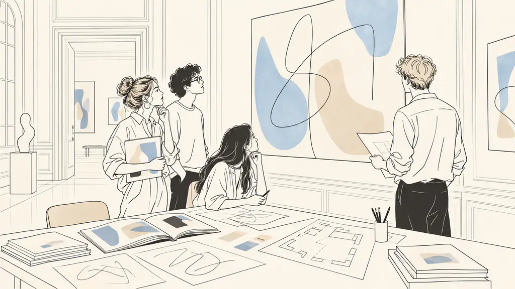 Editorial photograph of students examining a contemporary artwork in a Paris gallery while preparing an exhibition plan with catalogues and handwritten notes, no text, no logo