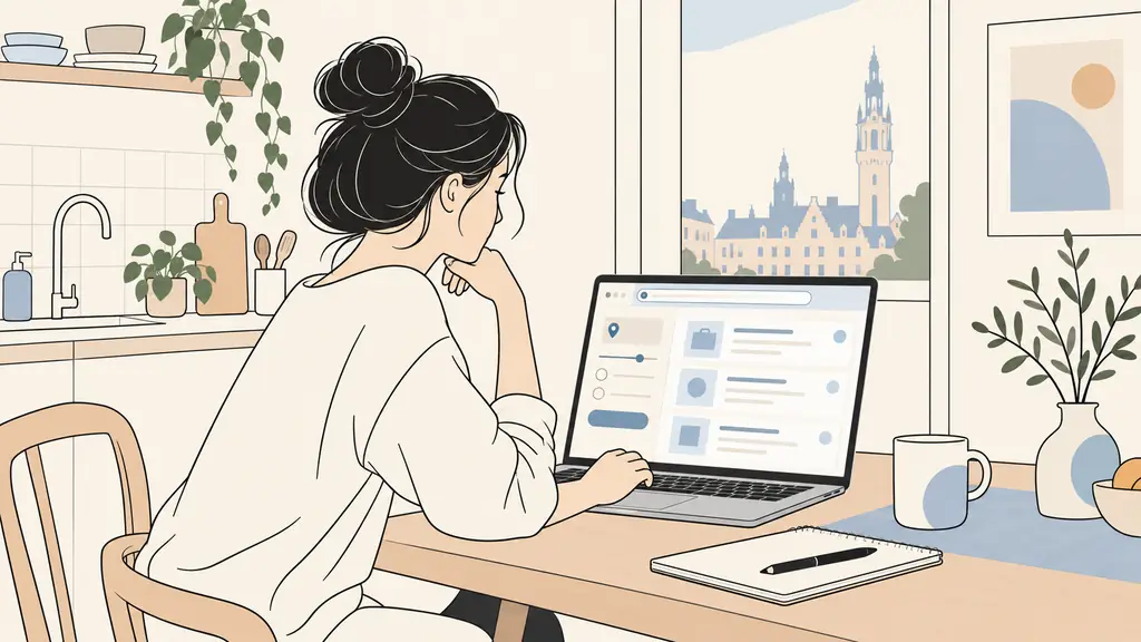 A woman at a kitchen table checking a browser address bar on a laptop displaying generic job listing cards and a location filter around Lille, notebook and pen beside her, no visible text or logos
