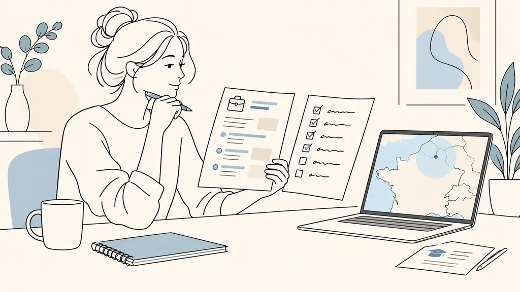 A woman comparing a printed job listing with a handwritten skills checklist, a laptop showing a map radius around Lille and a short software training note beside it, no visible text or logos